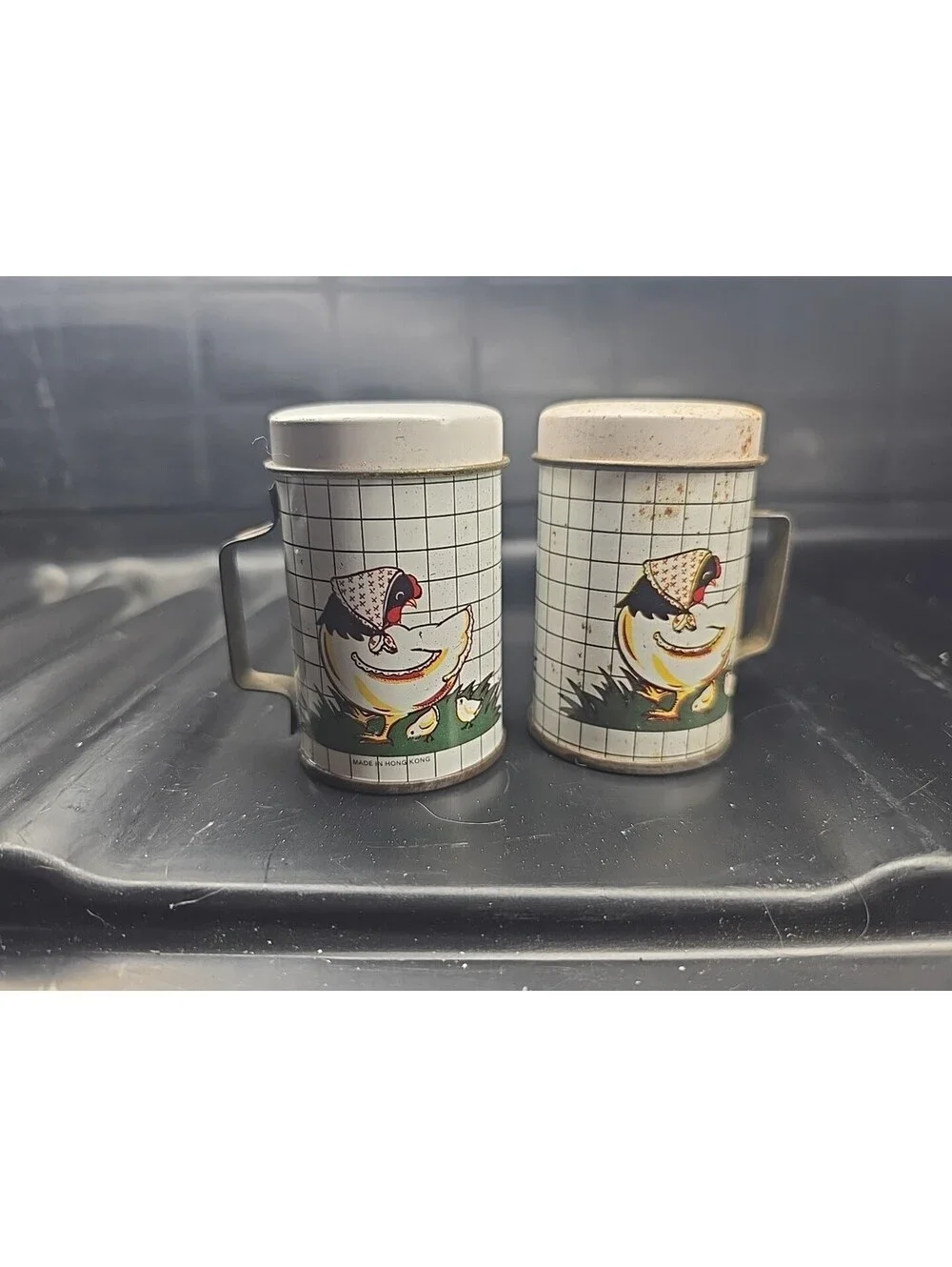 Unbranded metal salt and pepper shakers, retro farmhouse style